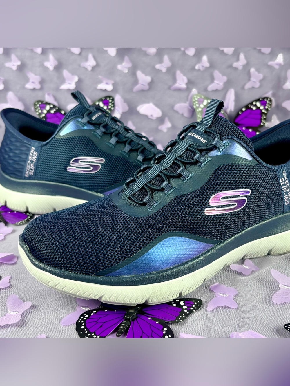 Skechers Women's Navy Blue Hands Free Slip-On Iridescent Accent Athletic Sneaker